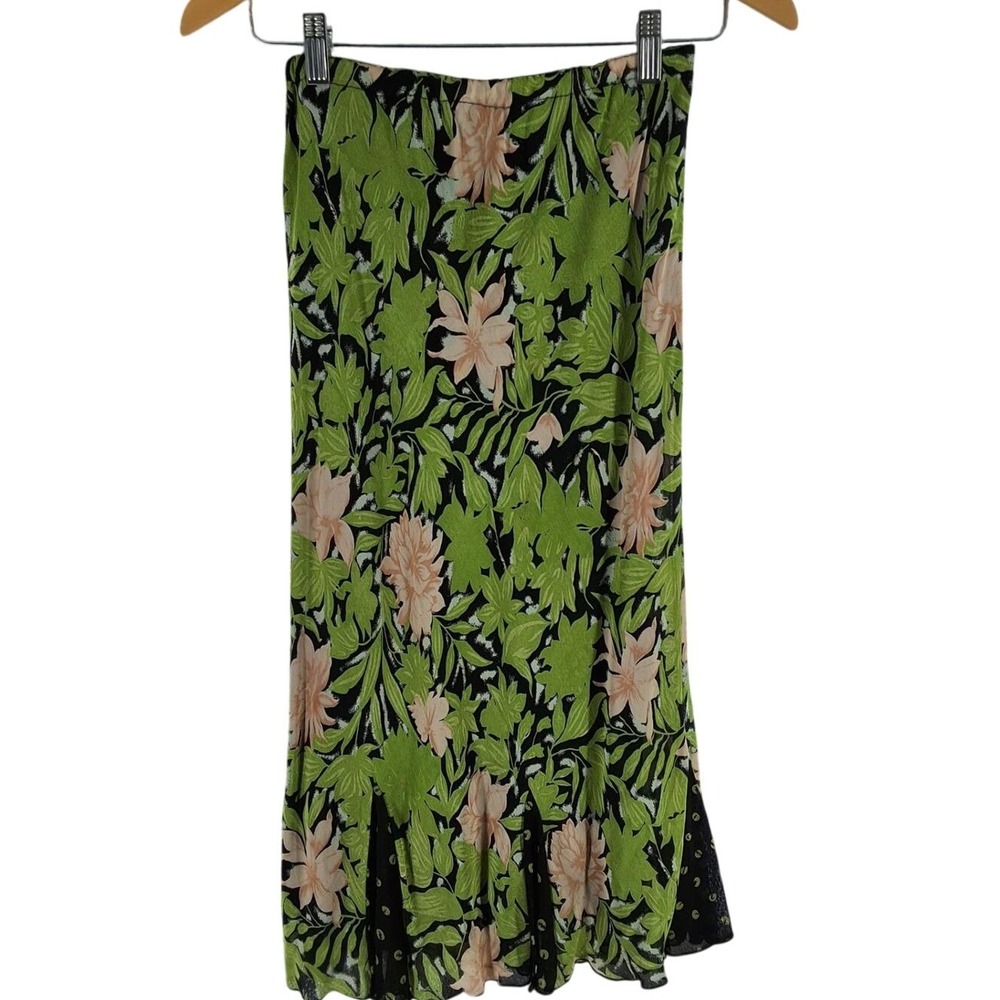 Vintage 90s Indira Floral Midi Skirt Green Polka Dot Mesh Godet Hem Boho Small